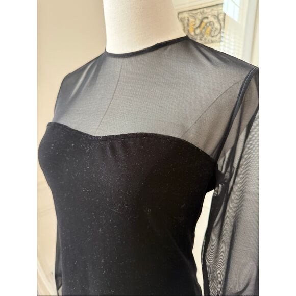 Xscape Illusion Neck Long Sleeve Black Velvet Top Beaded Fringe M - Picture 5 of 9